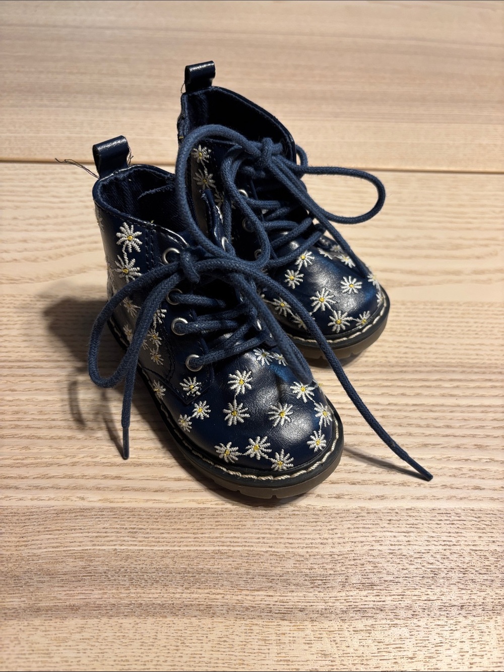 Zara Navy Lace-Up Kids Boots with White & Yellow Floral Embroidery